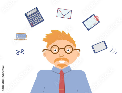 Very busy financial accountant with ginger mustache and beard and with many thoughts about job. There are a calculator, percent, an envelope, a mobile telephone and to do list. Vector illustration