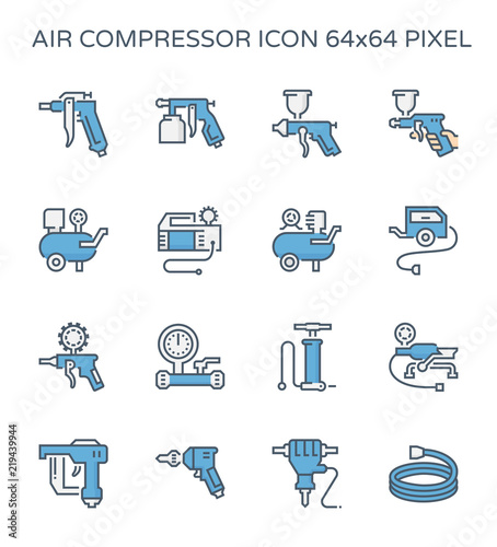 Air compressor icon. Consist of spray gun or airbrush for auto paint repair. Including with pressure tank, bicycle pump, air blow gun, pressure gauge, pneumatic staple, drilling tool, jack hammer etc.