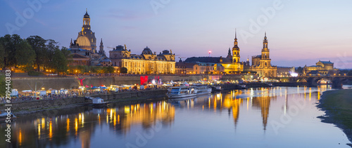 panorama of river side and night city in Dresden in Germany
