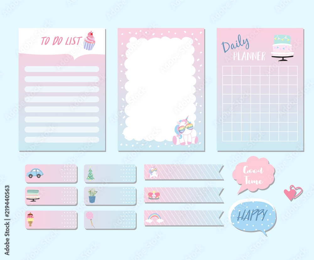 Printable and sticker with unicorn,ice cream,cake,car,crown,rainbow,glasses and heart in fairytale style. with wording good time and happy