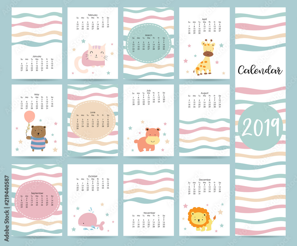 Cute monthly calendar 2019 with bear,cat,giraffe,hippopotamus,lion,whale and balloon.Can be used for web,banner,poster,label and printable Cute monthly calendar 2019 with bear,cat,giraffe,hippopotamus,lion,whale and balloon.Can be used for web,banner,poster,label and printable