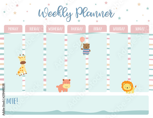 Pastel weekly calendar planner with giraffe,hippopotamus,bear, balloon and lion