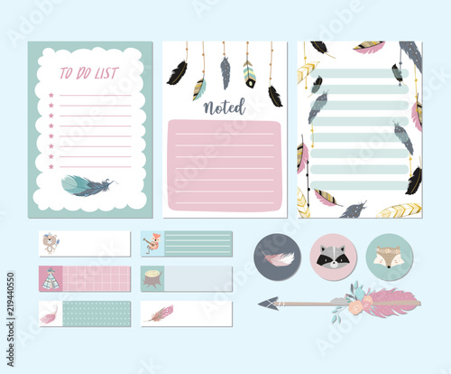 Chic printable and sticker with boho feather,skunk,fox,tent and arrow in bohemian style