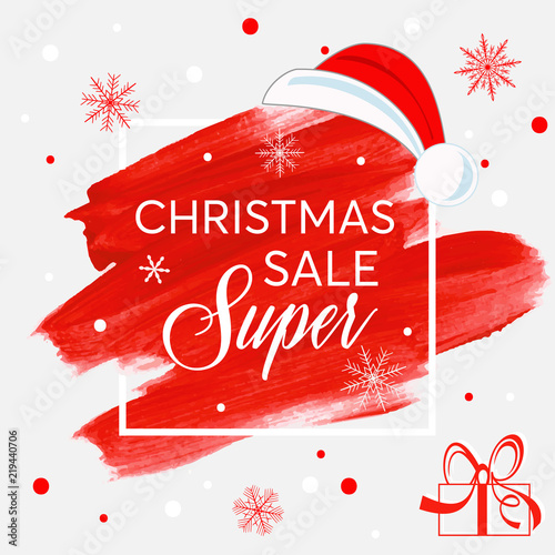 Christmas Super Sale sign over holiday abstract brush painted background vector illustration. Perfect design for shop labels, banners or gift cards.