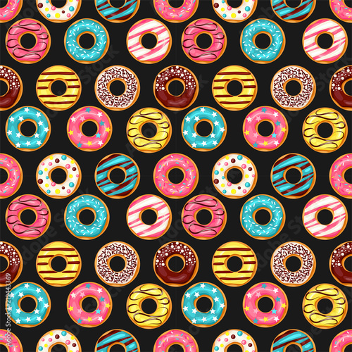 Seamless pattern. Pink donut, chocolate donut, lemon and blue mint donuts with different topping on black background