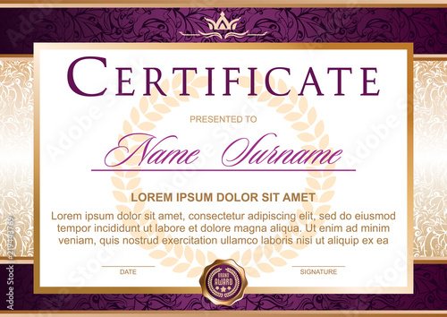 Certificate in the official, solemn, elegant, Royal style in violet, purple and gold tones, with the image of the crown(horizontal format)