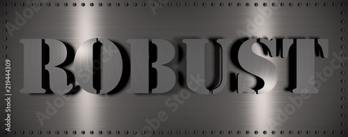 Brushed steel plate with rivets around it and the word 