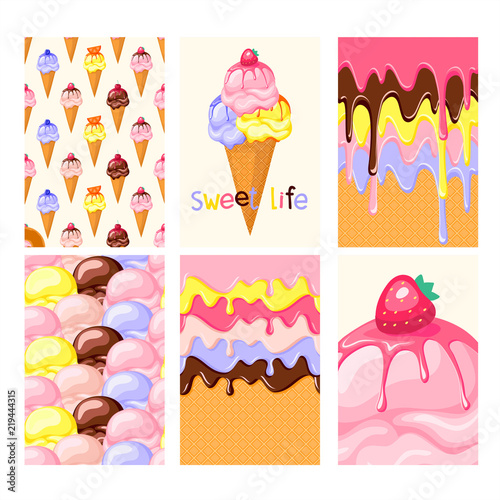 Set of sweet food cards. Vanilla, chocolate and fruit ice cream with different topping. pattern waffles, ice cream cone, ice cream scoops