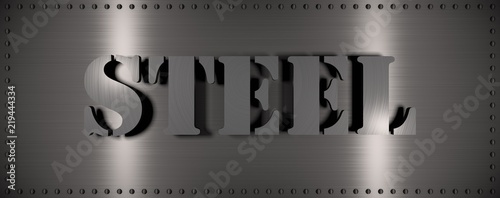 Brushed steel plate with rivets around it and the word 