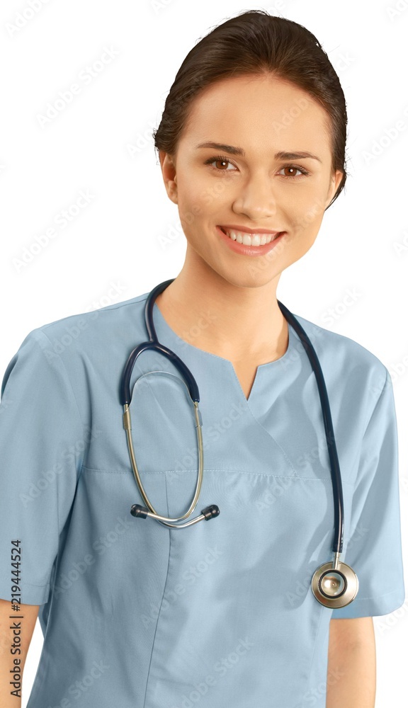 Female healthcare professional in scrubs Female healthcare professional in scrubs