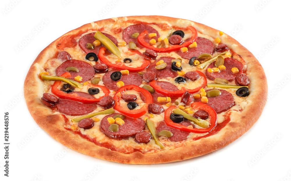 Pizza with salami, sausage, frankfurters, red pepper, cucumber, corn, green and black olives isolated on white