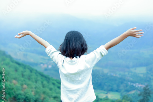 Young woman standing looking view of nature, Relaxation on vacation trip