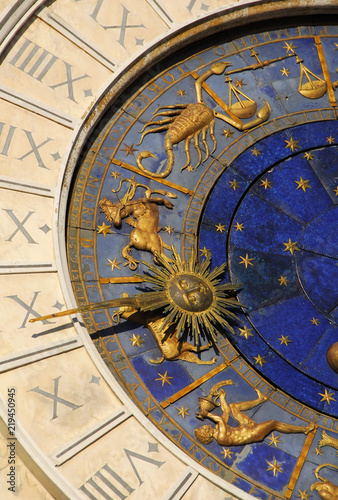 Ancient time, astrology and horoscope. Detail of Saint Mark Square old Clocktower with zodiac signs of Autumn and Winter (15th century)
