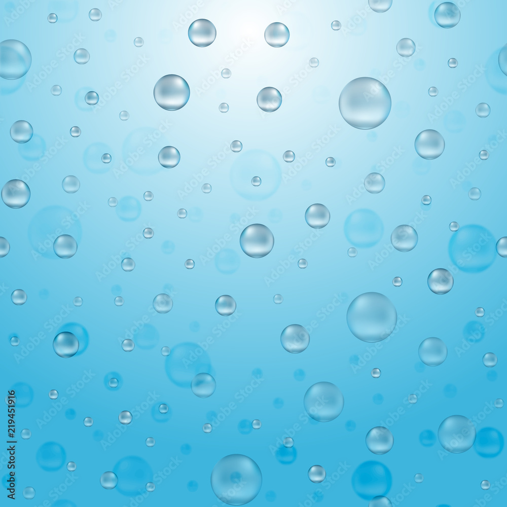 Realistic blue rain drops on blue background
