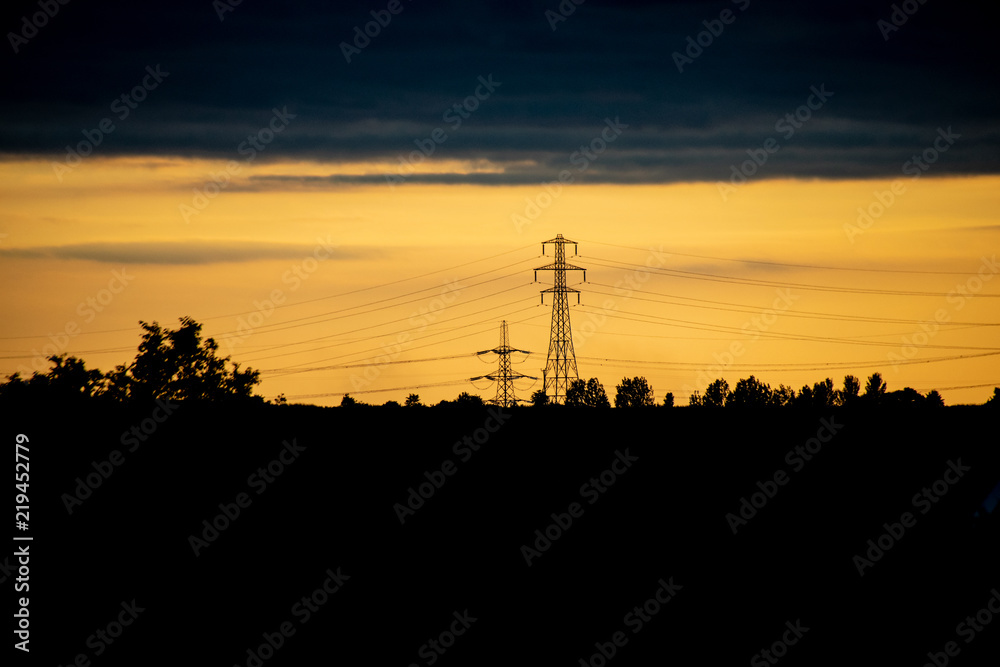 Countryside scene of fields and electricity pylons against the golden sunset sky