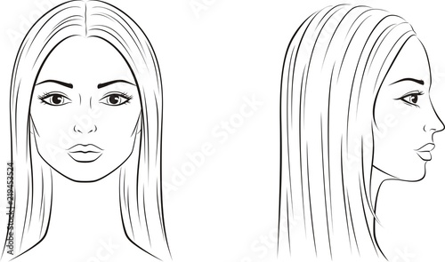 Female face with long hair. Front and side