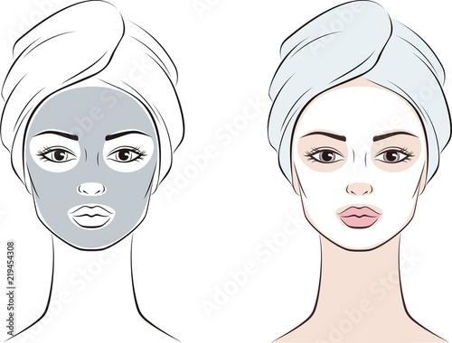 Female face with facial mask in towel