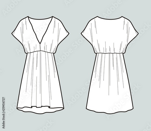 Summer dress with elastic band. Front and back views