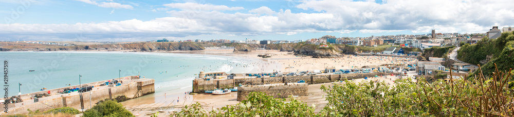 Landscape Panorama of Towan Beach and and Newquay (Tewynn Pleustri) Harbour West Cornwall South England UK