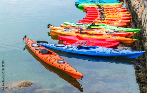 a row of colorful fiberglass kayaks for rent in a small Massachusetts harbor photo