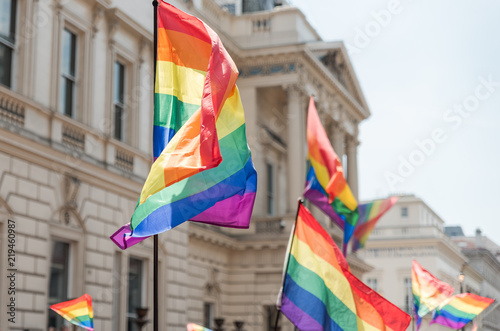 Rainbow flags on LGBT London Pride parade .