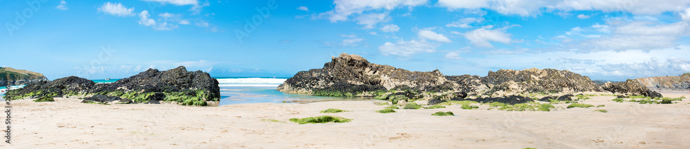 Rock Formation Landscape Panorama of Towan Beach and Great Western Beach Newquay (Tewynn Pleustri) West Cornwall South England UK