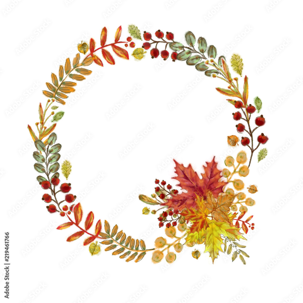 Autumn Maple Leaves, Twigs and Berries Wreath Isolated on White. Watercolor Botanical Arrangement for Print, Card, Invitation, Announcement, Poster, Display and other Creative Design. Autumn Maple Leaves, Twigs and Berries Wreath Isolated on White. Watercolor Botanical Arrangement for Print, Card, Invitation, Announcement, Poster, Display and other Creative Design.