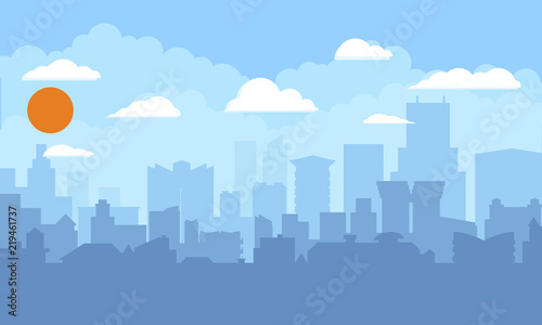 Cityscape with blue sky, white clouds and sun. Modern city skyline flat panoramic background. Flat and solid color style vector illustration.