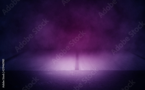 background of an empty dark room with neon light. Abstract background with glow and nebula
