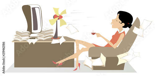 Heat in the office, woman. Woman in the office sits in the armchair in front of the tabletop fan, takes a delight from the fresh air and drinks a cup of coffee or tea illustration 

