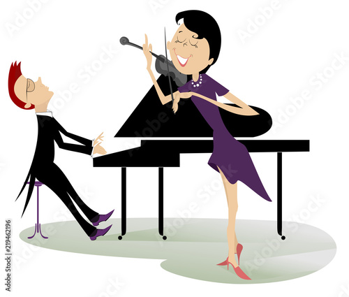 Couple musicians play music on violin and piano isolated illustration. Duet of violinist woman and pianist man isolated illustration
