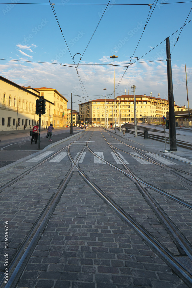 Florence,Italy-July 27,2018: Tramway  just after the sunrise in Florence, Italy