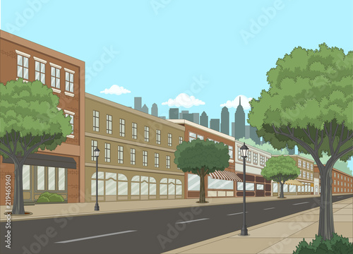 Street with buildings and trees. Big city landscape.