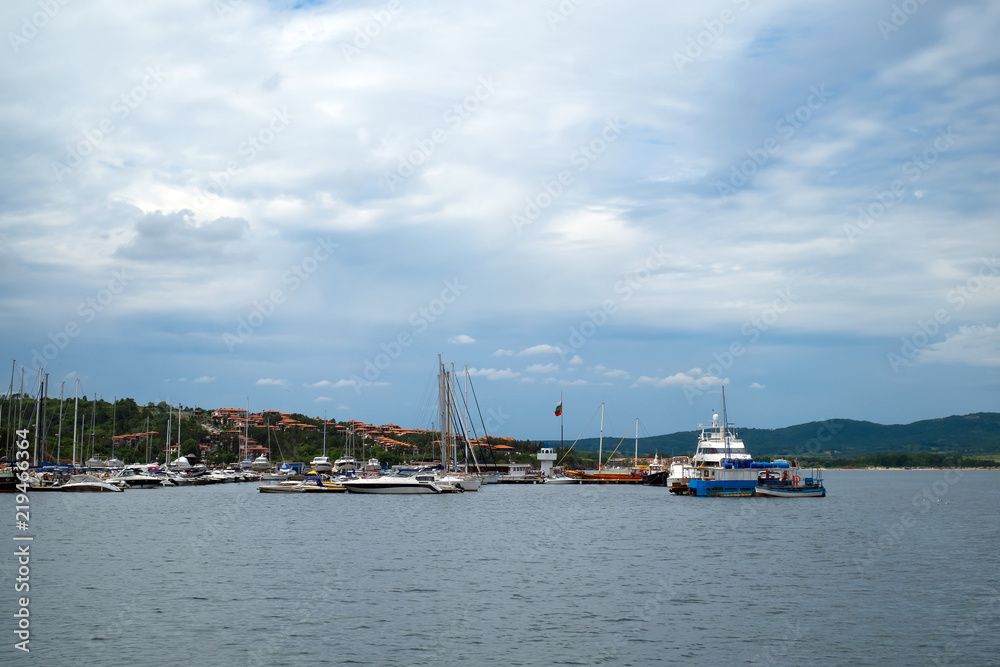Bulgaria Sozopol harbor Black Sea coast. Boats, boats, yachts in the harbor on the quay