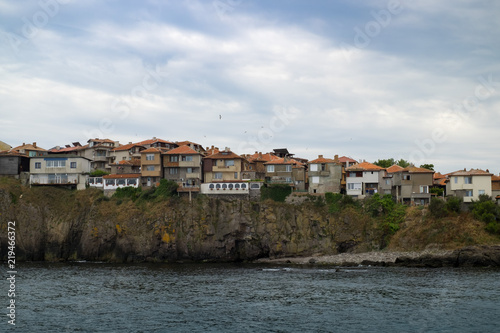 The town of Sozopol is on a rocky beach overlooking the sea. Colorful houses of an ancient city in Bulgaria.