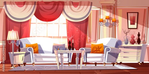 Lounge room luxury interior vector illustration or classical empire style apartments. Cartoon comfortable living room or royal palace chamber background with modern or white retro furniture