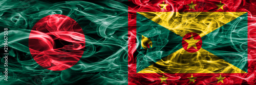 Bangladesh vs Grenada smoke flags placed side by side. Thick colored silky smoke flags of Bangladesh and Grenada