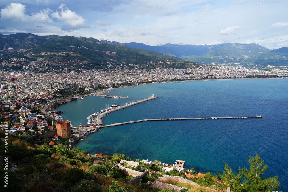 Panoramic view of Alanya harbor and coastline, Turkey