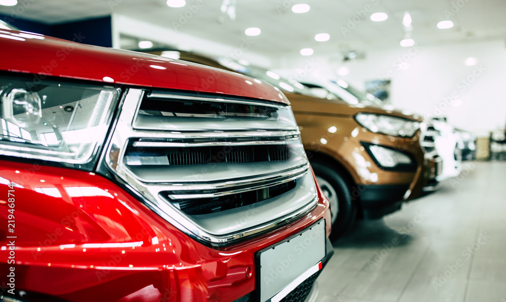 Fototapeta premium View of row new car at dealership indoors