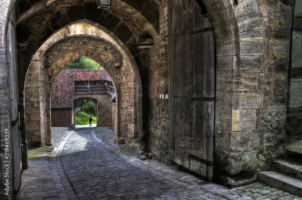 Medieval archway and gate in Rothenburg ob der Tauber, Bavaria