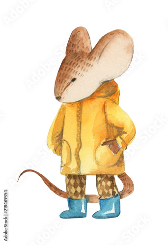 A little gray mouse in yellow coat and blue boots