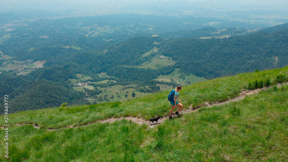 AERIAL: Athletic girl and her lovely dog walk up a steep mountain trail in Alps