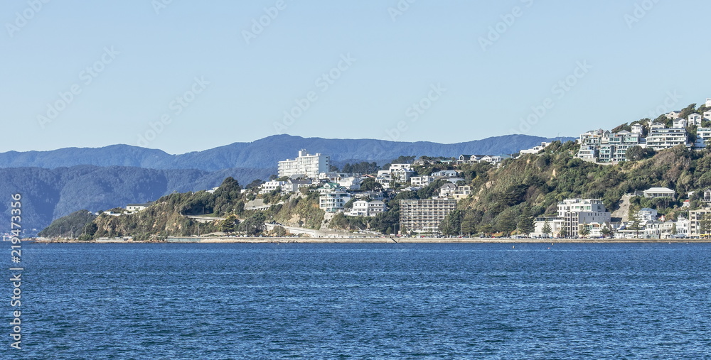 Landscape image of Oriental Bay, Wellington, New Zealand on a fine day.