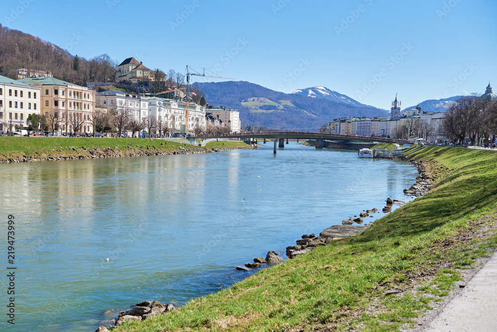 Beautiful panoramic view of the historic city of Salzburg with Salzach river in summer, Salzburg, Salzburger Land, Austria