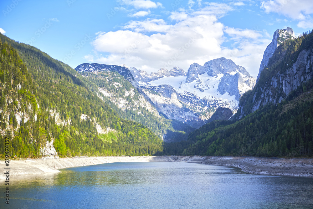 Colorful summer panorama of Vorderer ( Gosausee ) lake with Dachstein glacier on background. Splendid day view of Austrian Alps, Upper Austria, Europe.