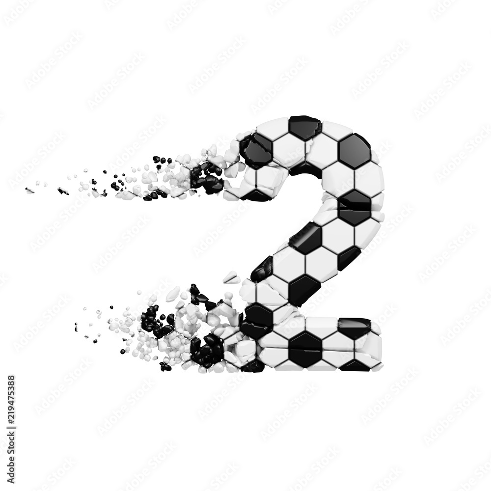 Broken shattered alphabet number 2. Crushed soccer font made of football texture. 3D render isolated on white background. Broken shattered alphabet number 2. Crushed soccer font made of football texture. 3D render isolated on white background.