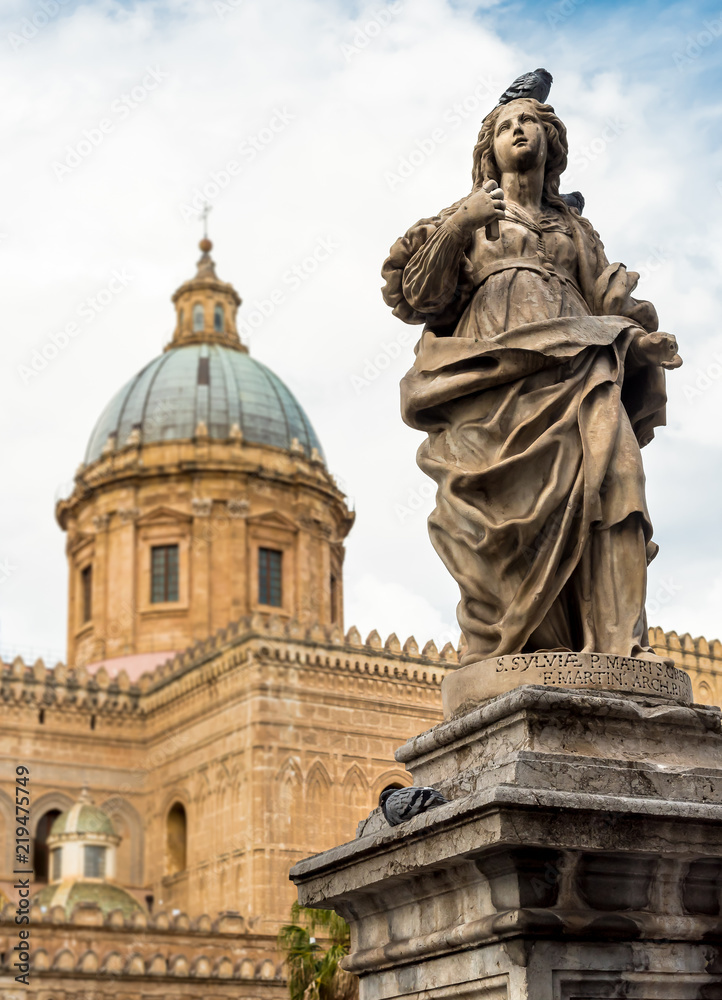 Statue of San Sylvia around the Cathedral of Palermo, Italy