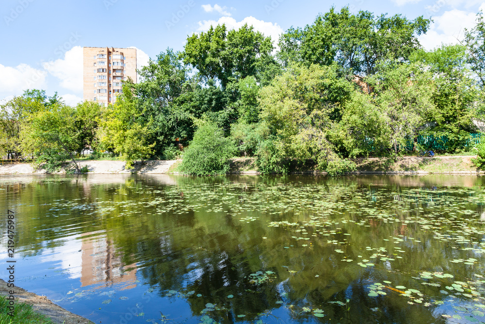 Zhabenka river near pond in of Moscow in summer