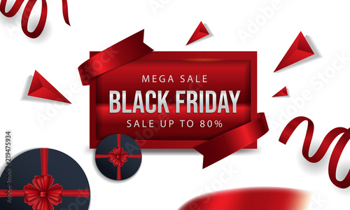 Black friday on board a red with ribbon and red circle gift