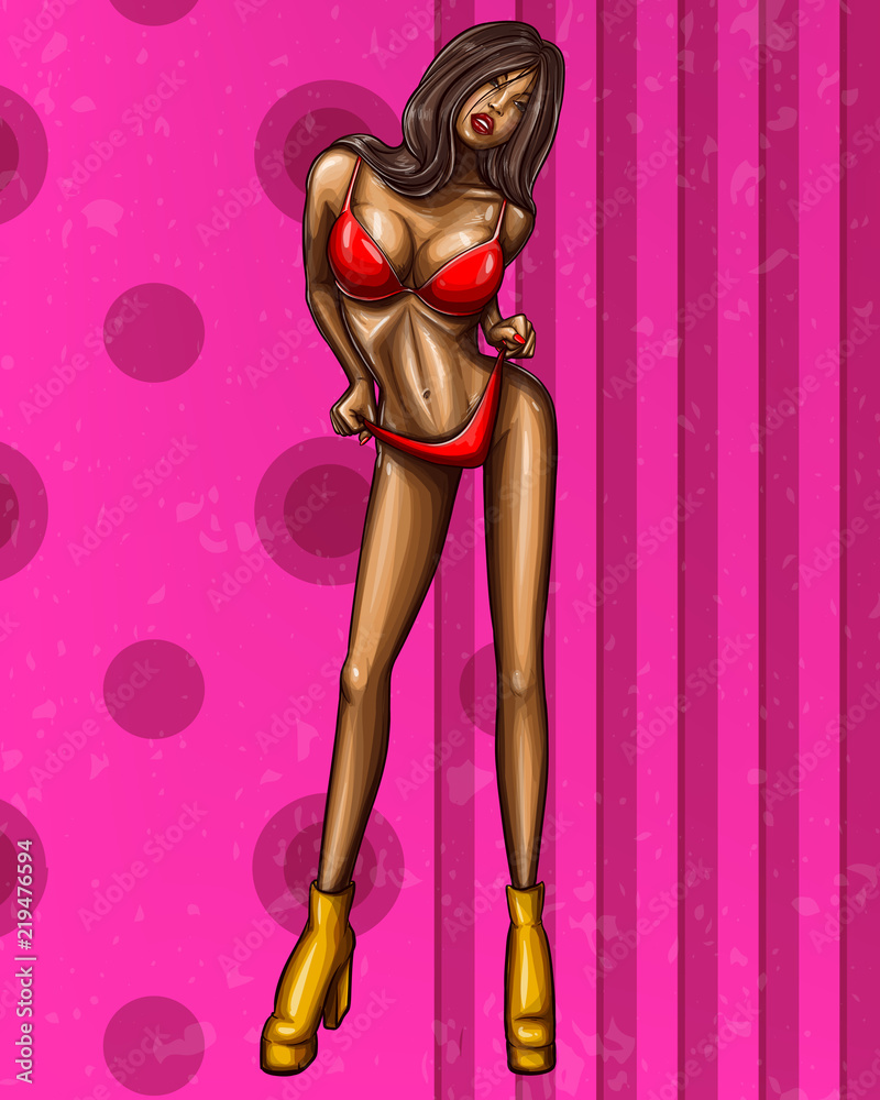 Vector pop art nude girl in red underwear. Sexy young tanned female  character for summer sale, advertising, promo. Attractive woman on isolated  on pink dotted background. Stock Vector | Adobe Stock